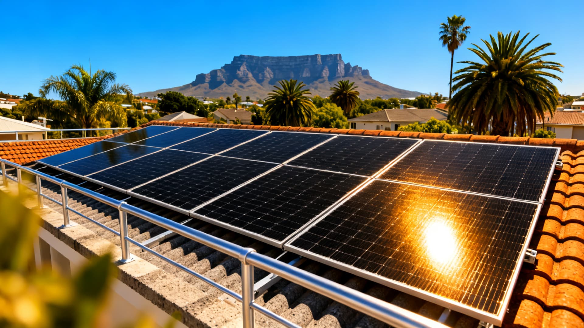 Solar panels installed on a Cape Town home rooftop under clear blue skies